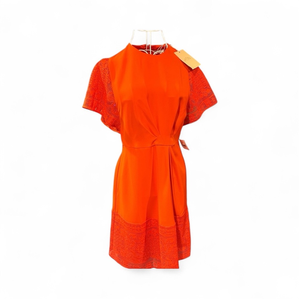 NWT Pearl Red Orange Midi Dress with Flutter Lace Sleeves
